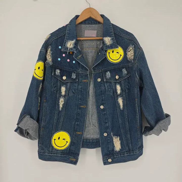[BUNJANG] Lydia Smiley Face Denim Jacket / Lydia 스마일 데님 청자켓 데미지 스타일