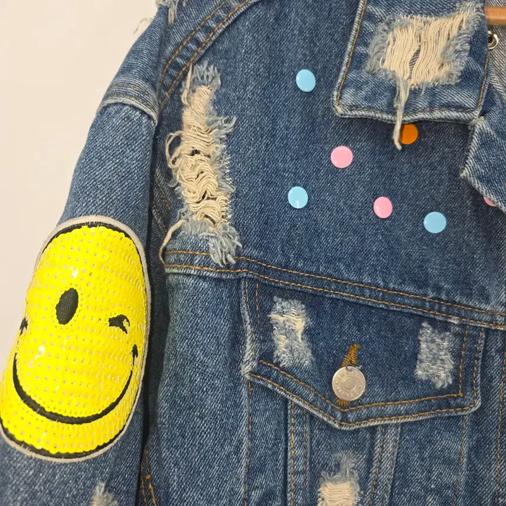 [BUNJANG] Lydia Smiley Face Denim Jacket / Lydia 스마일 데님 청자켓 데미지 스타일