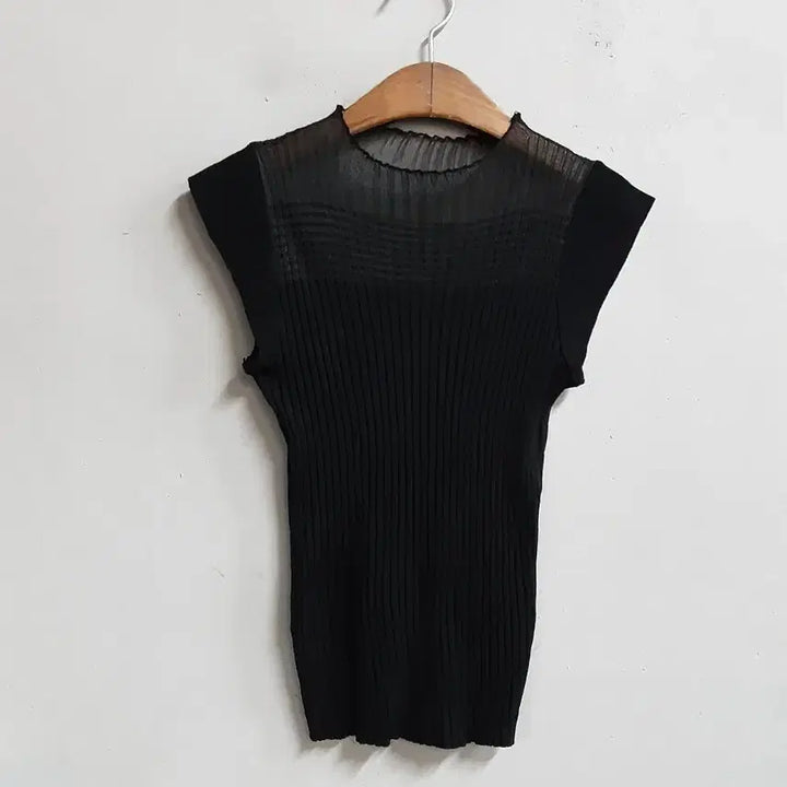 [BUNJANG] Black See-through Ribbed Short Sleeve Knit Top (L) / 블랙 시스루 골지 반팔 니트 L