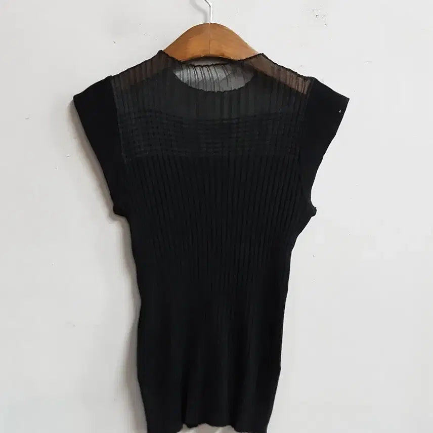 [BUNJANG] Black See-through Ribbed Short Sleeve Knit Top (L) / 블랙 시스루 골지 반팔 니트 L