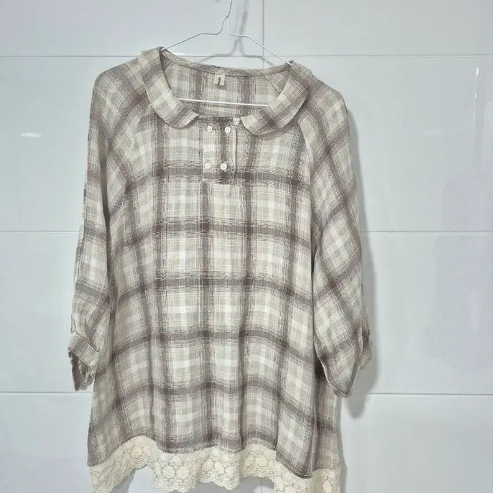 [BUNJANG] Round Collar Linen Check Blouse / 라운드 칼라 린넨 $체크무늬 블라우스66