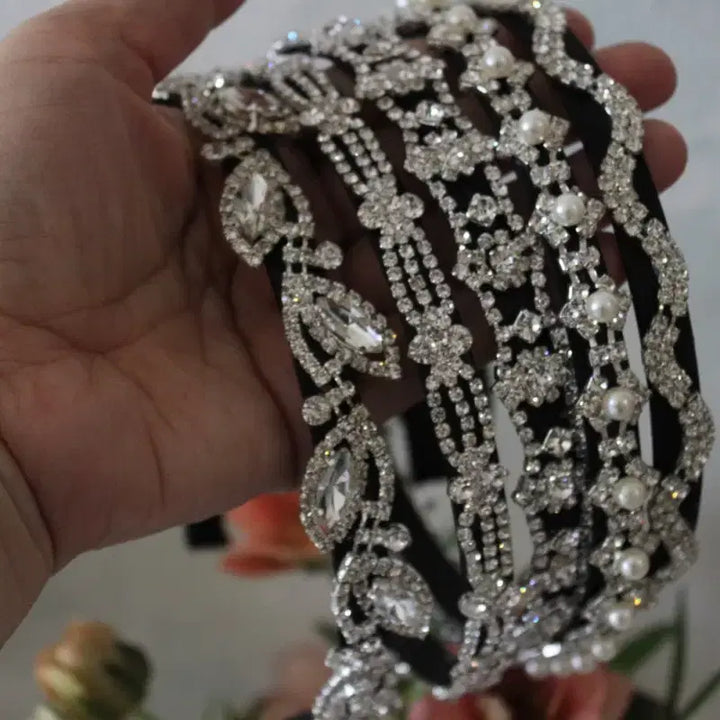 [BUNJANG] Crystal Cubic and Pearl Headband for Special Occasions / 크리스탈  큐빅/ 진주 헤어밴드  셀프웨딩 돌잔치 결혼식  연주회 머리띠