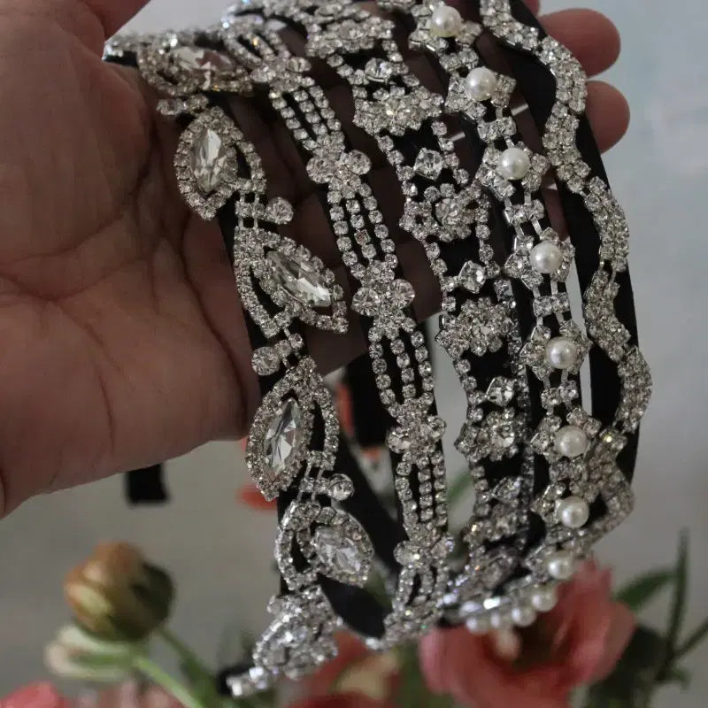 [BUNJANG] Crystal Cubic and Pearl Headband for Special Occasions / 크리스탈  큐빅/ 진주 헤어밴드  셀프웨딩 돌잔치 결혼식  연주회 머리띠