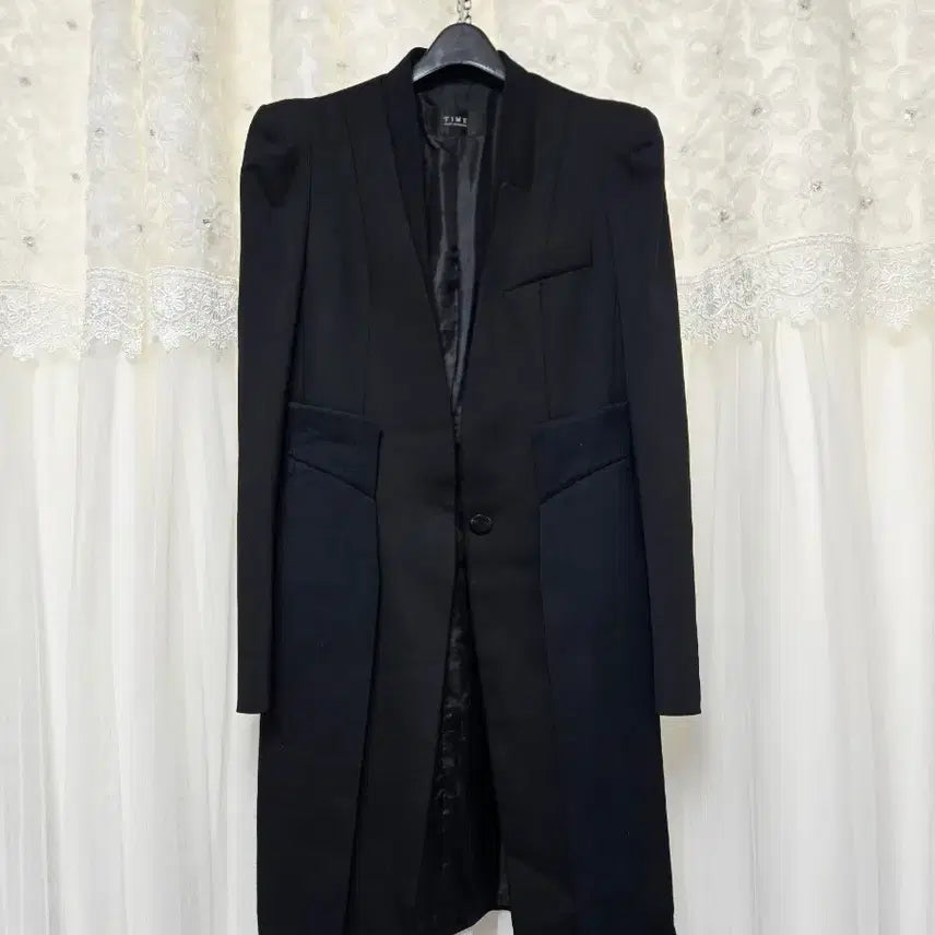 [BUNJANG] TIME Black Single-Button Long Coat Wool 100% / TIME 타임 블랙 롱 코트