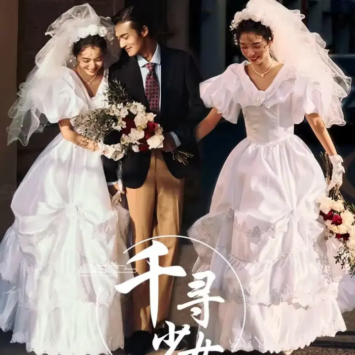 [BUNJANG] Retro Wedding Dress with Gloves and Petticoat / 알리 레트로 웨딩촬영 웨딩 드레스