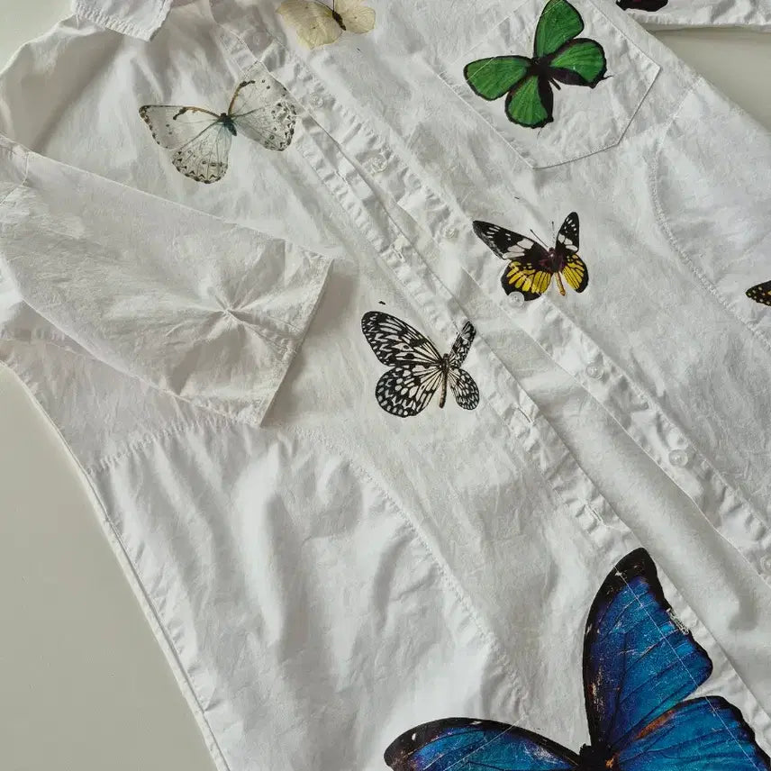 [BUNJANG] White Butterfly Print Blouse Shirt / 나비 프린팅 화이트 셔츠 블라우스