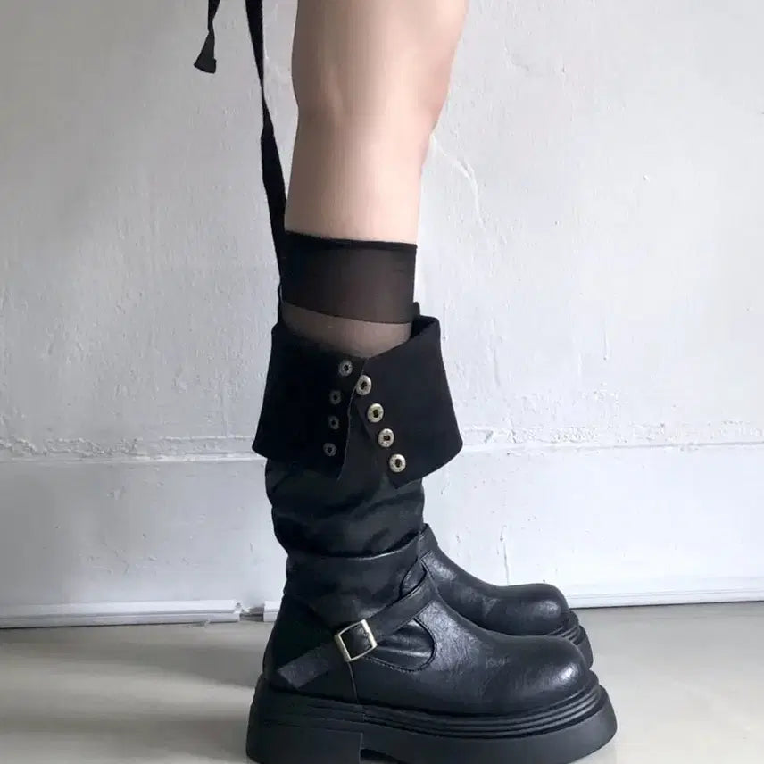 [BUNJANG] Folding Two-Way Rolled-Up Button Platform Boots Black / 폴딩 투웨이 롤업 버튼 통굽 부츠 블랙