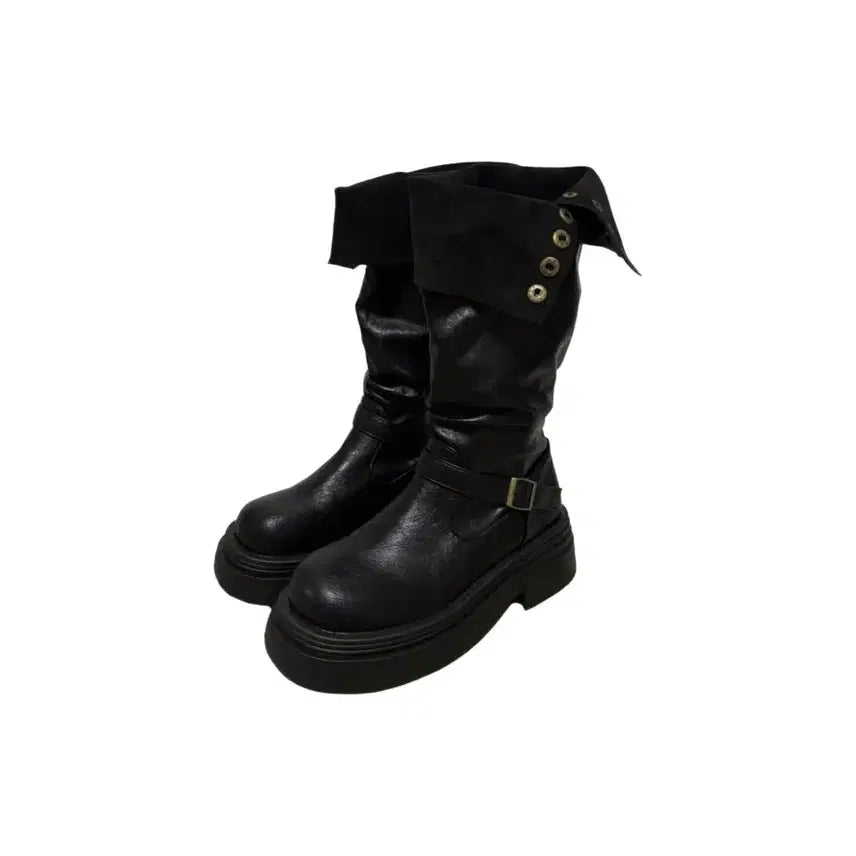 [BUNJANG] Folding Two-Way Rolled-Up Button Platform Boots Black / 폴딩 투웨이 롤업 버튼 통굽 부츠 블랙