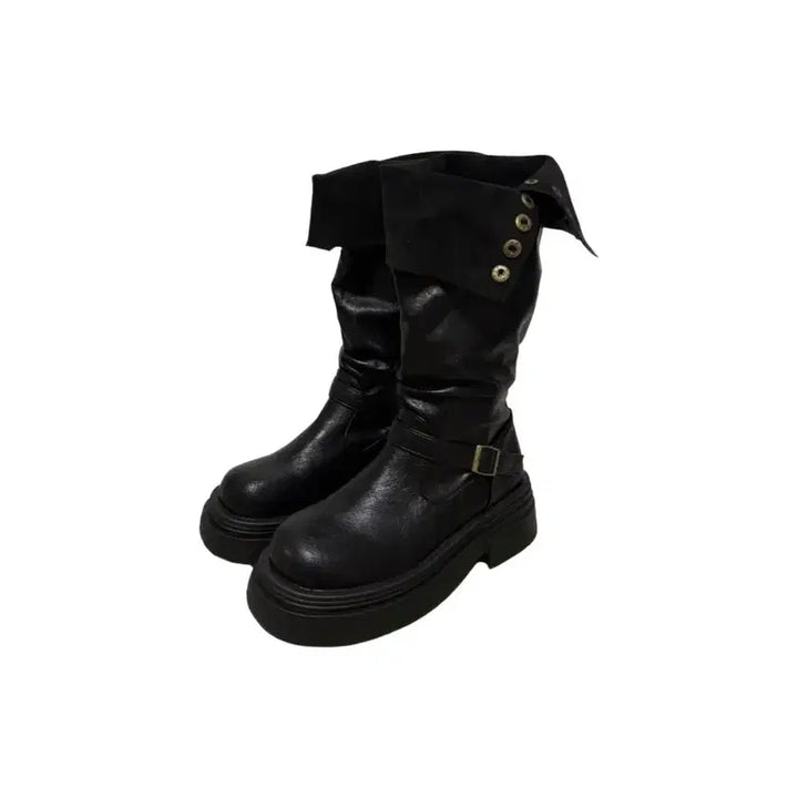 [BUNJANG] Folding Two-Way Rolled-Up Button Platform Boots Black / 폴딩 투웨이 롤업 버튼 통굽 부츠 블랙