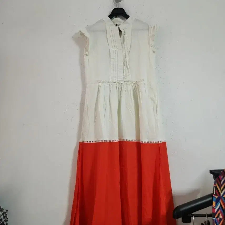[BUNJANG] White Orange Color Block Long Dress / 화이트 오렌지 배색 롱 원피스