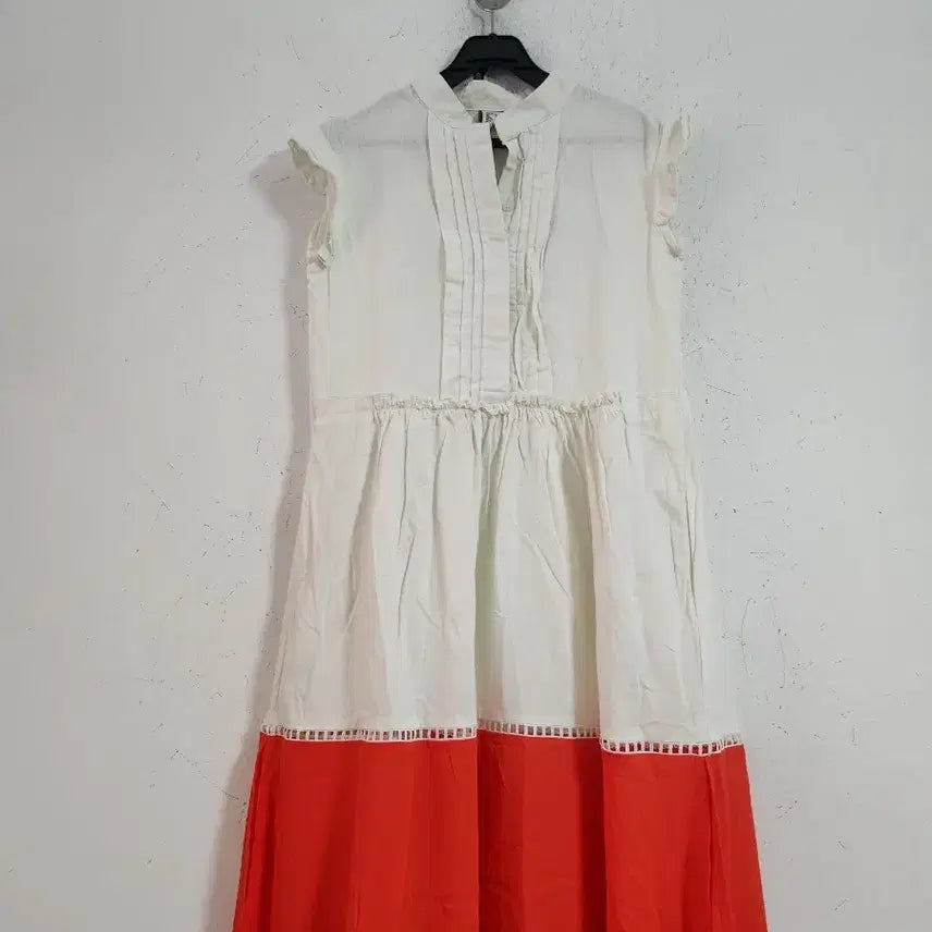 [BUNJANG] White Orange Color Block Long Dress / 화이트 오렌지 배색 롱 원피스