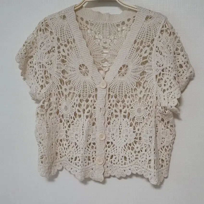 [BUNJANG] Vintage Crochet Knit Cardigan - Ivory / [새상품] 빈티지 크로쉐 니트 가디건 아이보리 55/66