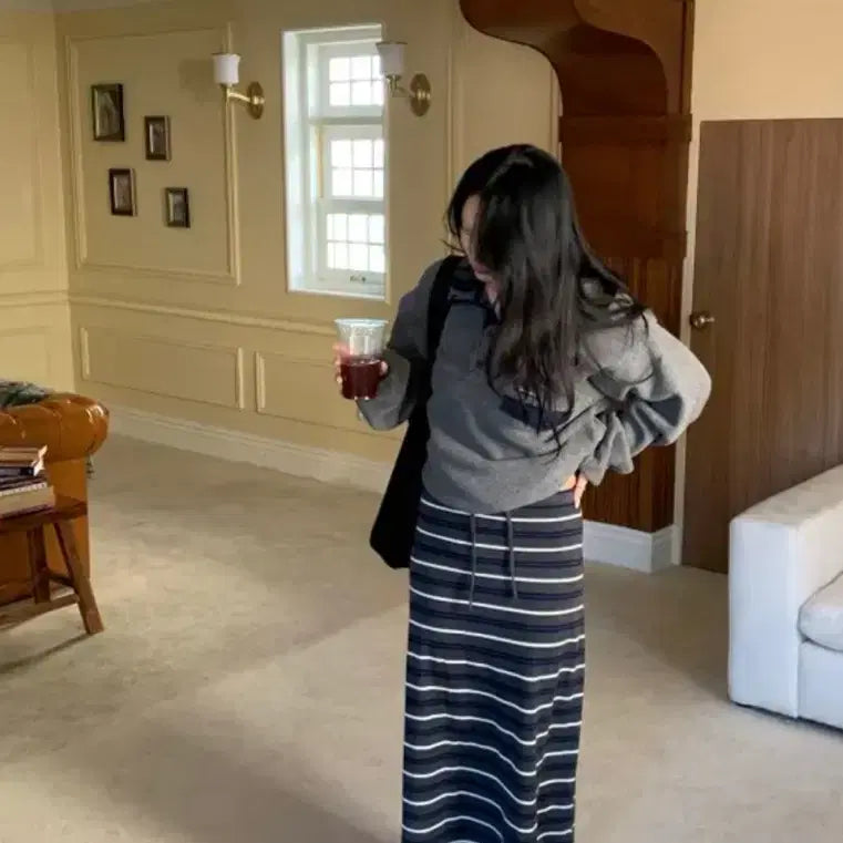 [BUNJANG] Plubie MUTI Stripe Long Skirt - Dark Gray / 플루비 뮤티 스트라이프 롱sk 진그레이