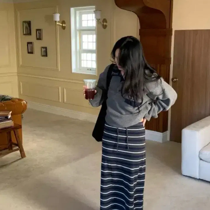 [BUNJANG] Plubie MUTI Stripe Long Skirt - Dark Gray / 플루비 뮤티 스트라이프 롱sk 진그레이