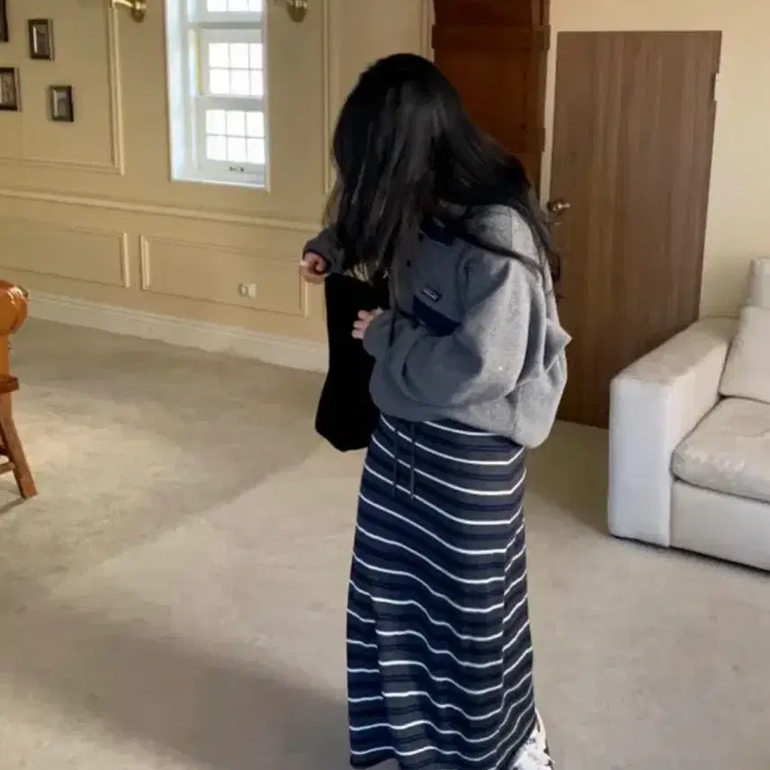[BUNJANG] Plubie MUTI Stripe Long Skirt - Dark Gray / 플루비 뮤티 스트라이프 롱sk 진그레이
