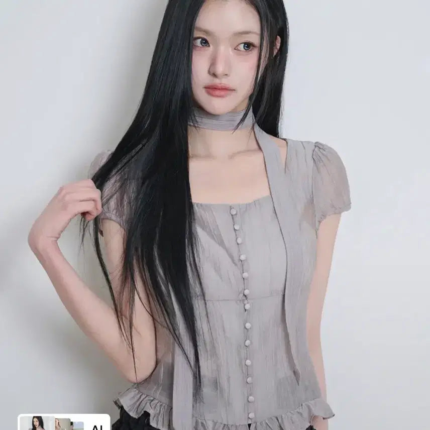 [BUNJANG] Illigo Ribbon Tie Square Neck Blouse Gray (S) / 일리고 리본 타이 스퀘어넥 블라우스 그레이 솔지 김고은 착용