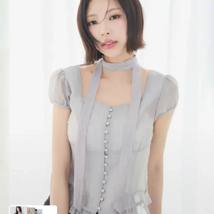 [BUNJANG] Illigo Ribbon Tie Square Neck Blouse Gray (S) / 일리고 리본 타이 스퀘어넥 블라우스 그레이 솔지 김고은 착용