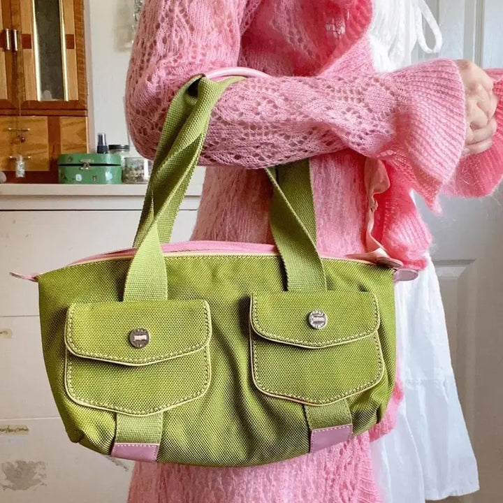 [BUNJANG] Tommy Hilfiger Green &amp; Pink Vintage Canvas Shoulder Bag / 타미힐피거 그린 &amp; 핑크 핸드백- 빈티지 캔버스 숄더백