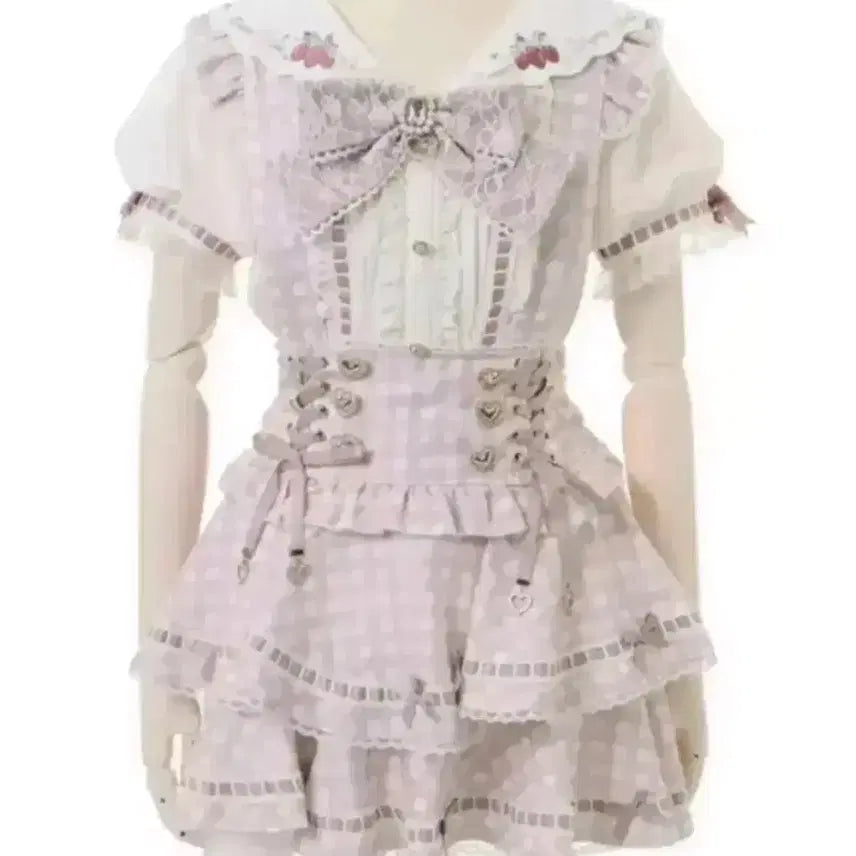 [BUNJANG] Liz Lisa Gingham Suspender Skirt Pants Pink / 구함/구매) 리즈리사 깅엄 서스펜더 스카판 핑크