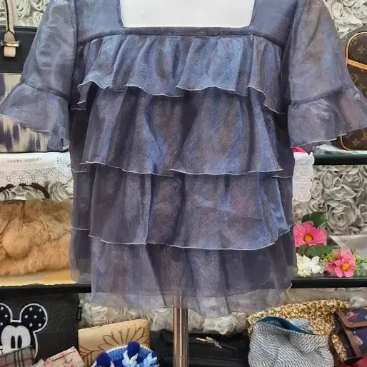 [BUNJANG] Organza Frill Blouse (One Size Fits Most) / 오간자 프릴 블라우스 (프리사이즈 55 66 77)