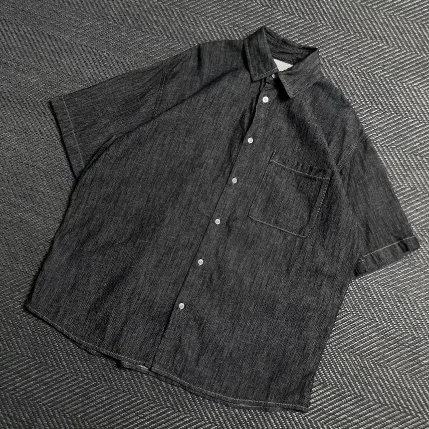 [BUNJANG] UrbanDress Black Denim Oversized Short-Sleeve Shirt / 어반드레스 흑청 데님 박시핏 반팔 셔츠y 5555