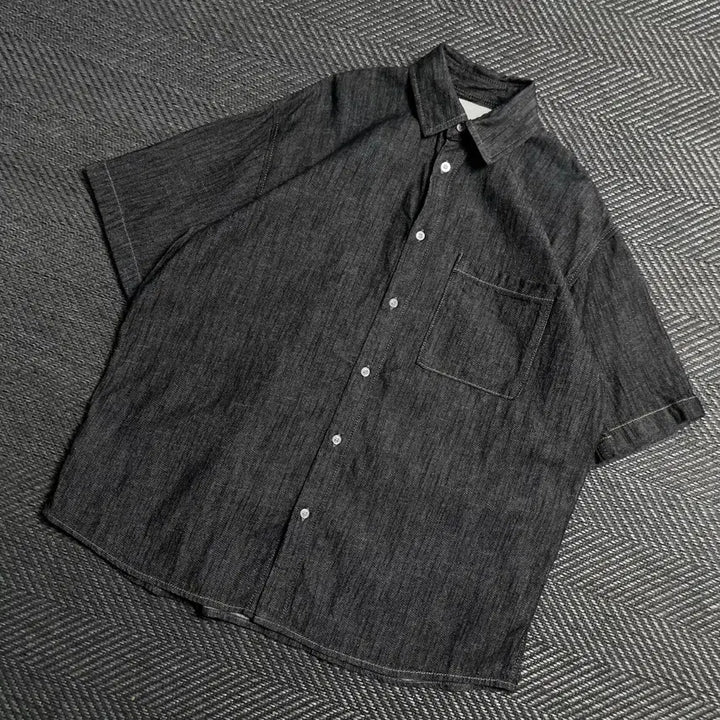 [BUNJANG] UrbanDress Black Denim Oversized Short-Sleeve Shirt / 어반드레스 흑청 데님 박시핏 반팔 셔츠y 5555