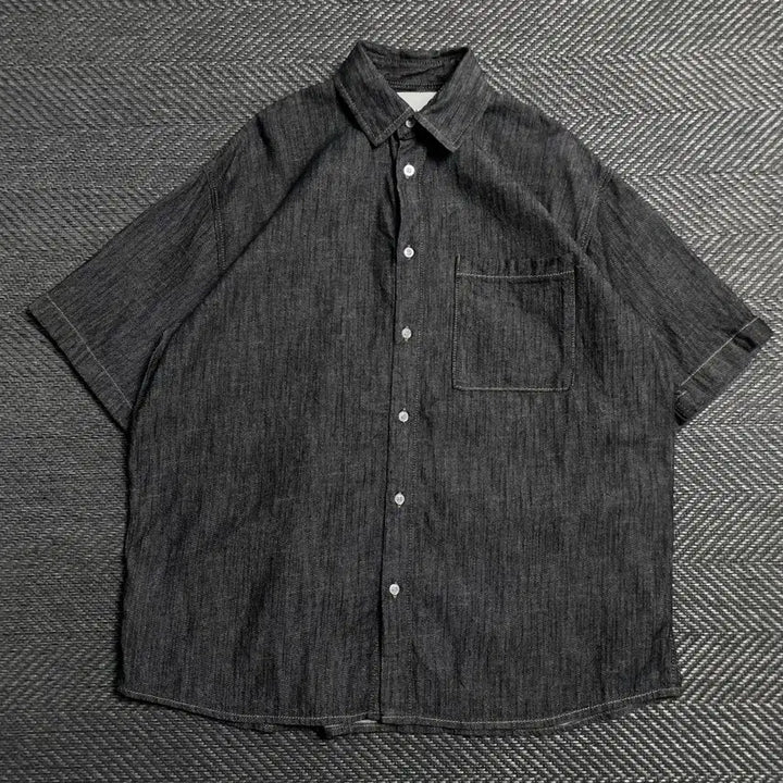 [BUNJANG] UrbanDress Black Denim Oversized Short-Sleeve Shirt / 어반드레스 흑청 데님 박시핏 반팔 셔츠y 5555
