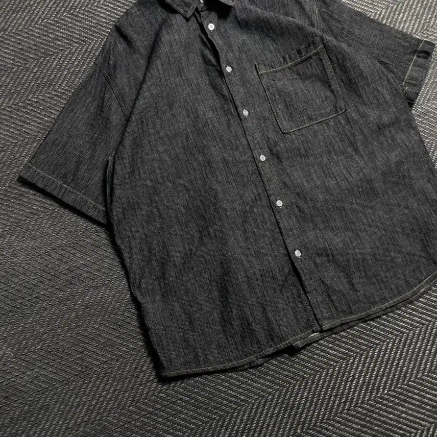 [BUNJANG] UrbanDress Black Denim Oversized Short-Sleeve Shirt / 어반드레스 흑청 데님 박시핏 반팔 셔츠y 5555