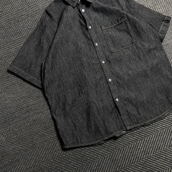 [BUNJANG] UrbanDress Black Denim Oversized Short-Sleeve Shirt / 어반드레스 흑청 데님 박시핏 반팔 셔츠y 5555