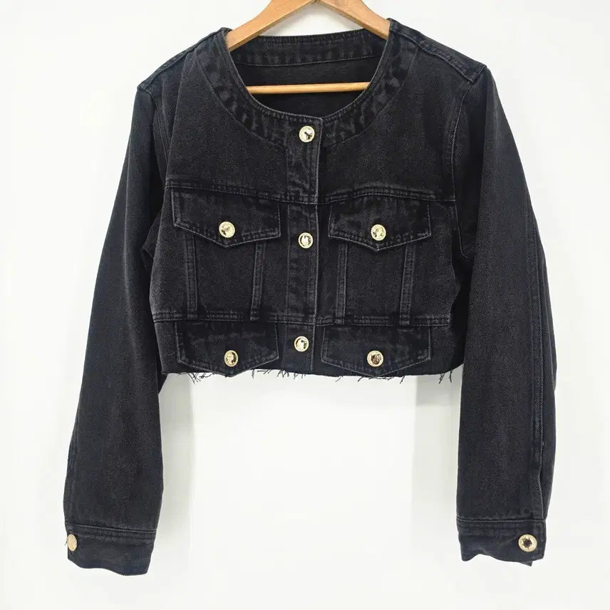 [BUNJANG] Black Cropped Denim Jacket Gold Button / 블랙 크롭 데님 자켓 금장 버튼