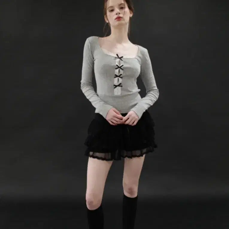[BUNJANG] Spring Hole Ribbon Top Gray/Lace Long Sleeve / *택O새상품* 드라이로즈 스프링 홀 리본 탑 그레이/레이스긴팔