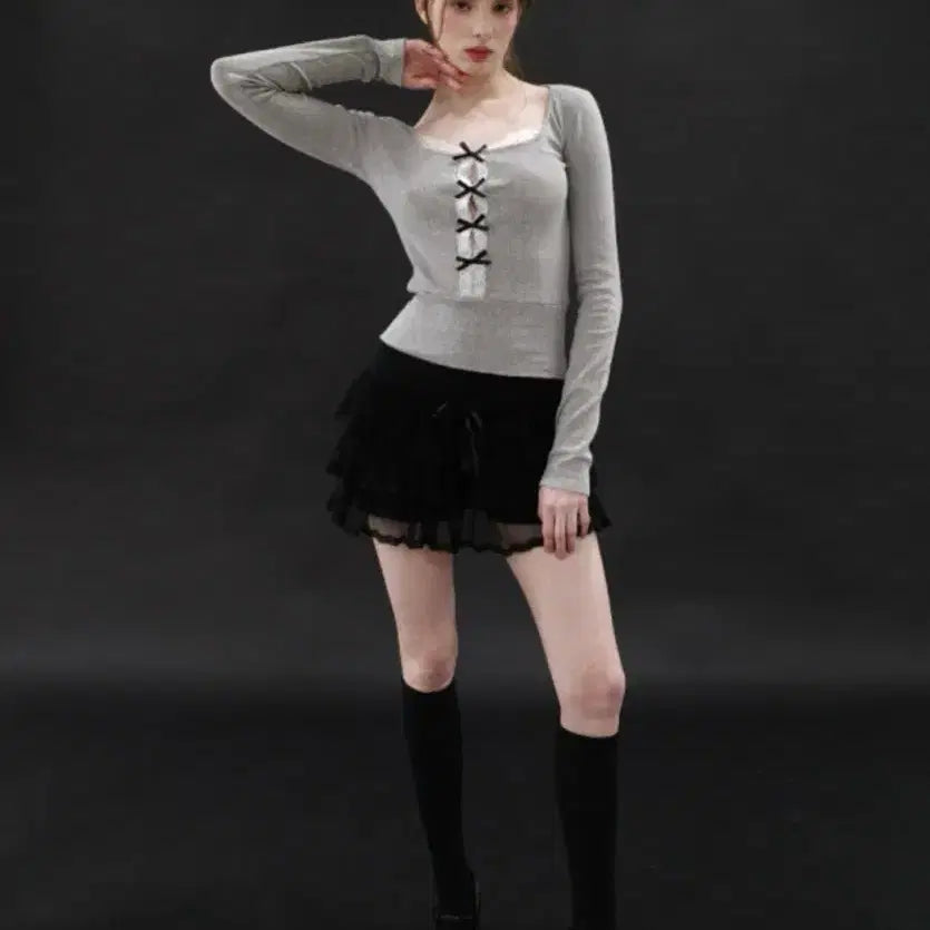 [BUNJANG] Spring Hole Ribbon Top Gray/Lace Long Sleeve / *택O새상품* 드라이로즈 스프링 홀 리본 탑 그레이/레이스긴팔