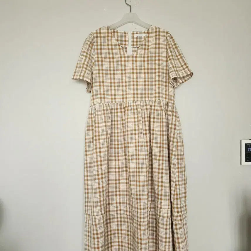 [BUNJANG] Check Long Dress Brown Short Sleeve / 체크 롱 원피스 브라운 반팔