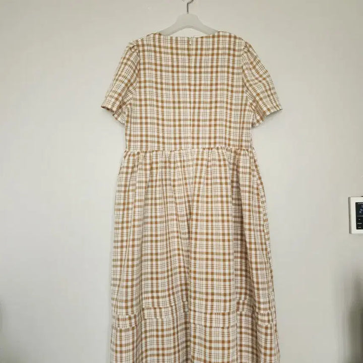 [BUNJANG] Check Long Dress Brown Short Sleeve / 체크 롱 원피스 브라운 반팔
