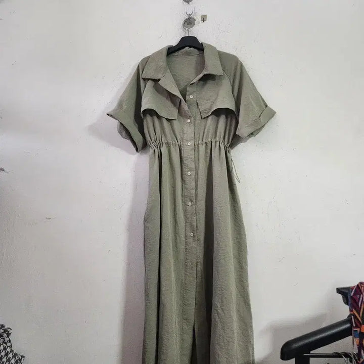[BUNJANG] Khaki Short Sleeve Long Shirt Dress / 카키색 셔츠 롱 원피스 반팔