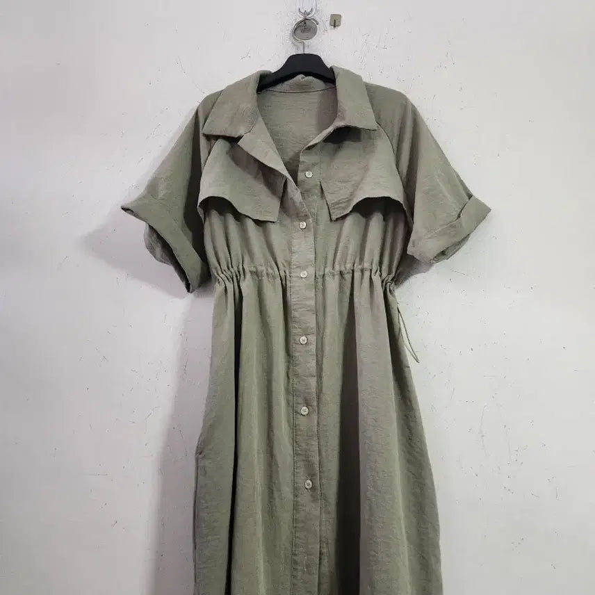[BUNJANG] Khaki Short Sleeve Long Shirt Dress / 카키색 셔츠 롱 원피스 반팔
