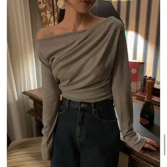 [BUNJANG] Melange Gray Off-Shoulder Long-Sleeve T-Shirt / 멜란지 그레이 오프숄더 긴팔 티셔츠