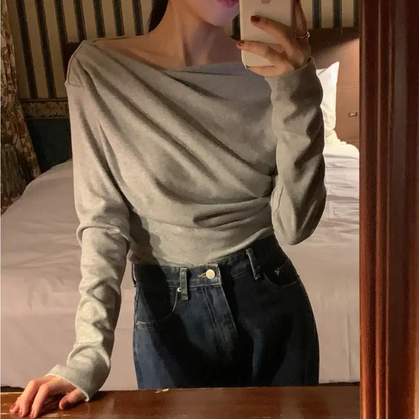 [BUNJANG] Melange Gray Off-Shoulder Long-Sleeve T-Shirt / 멜란지 그레이 오프숄더 긴팔 티셔츠