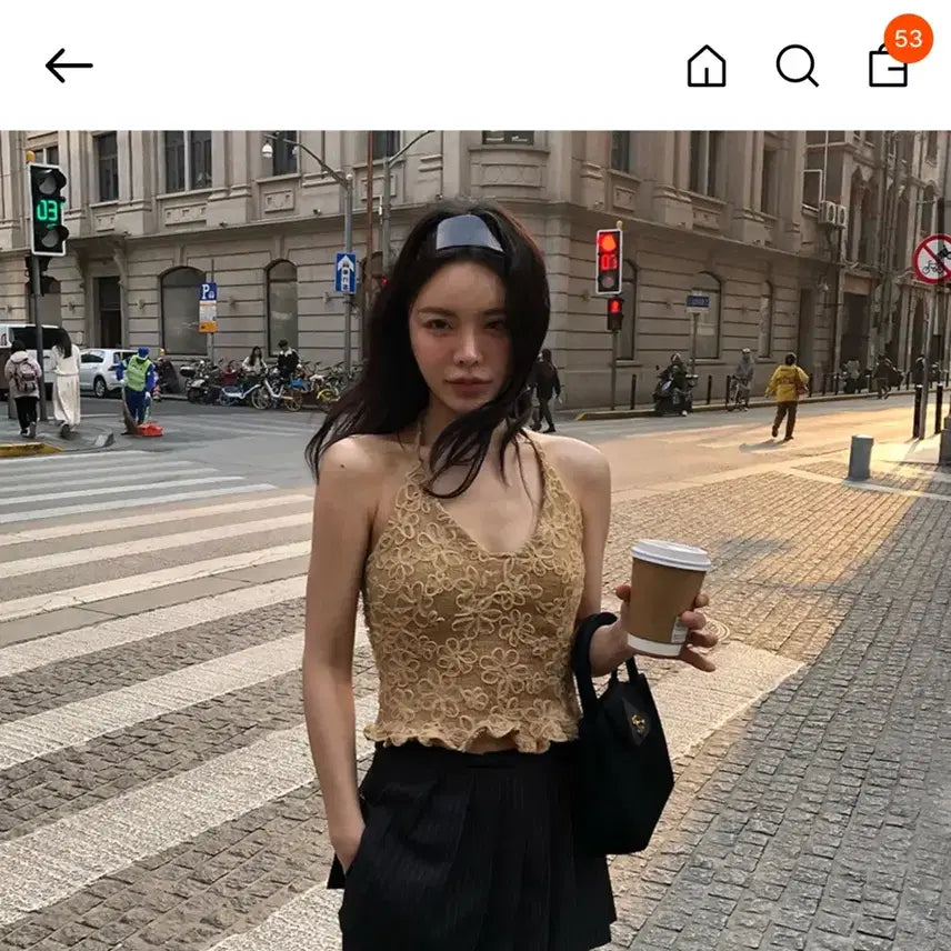 [BUNJANG] Without Summer Flower Pattern Halter Top Beige / 위드아웃썸머 플라워 패턴 홀터탑 베이지