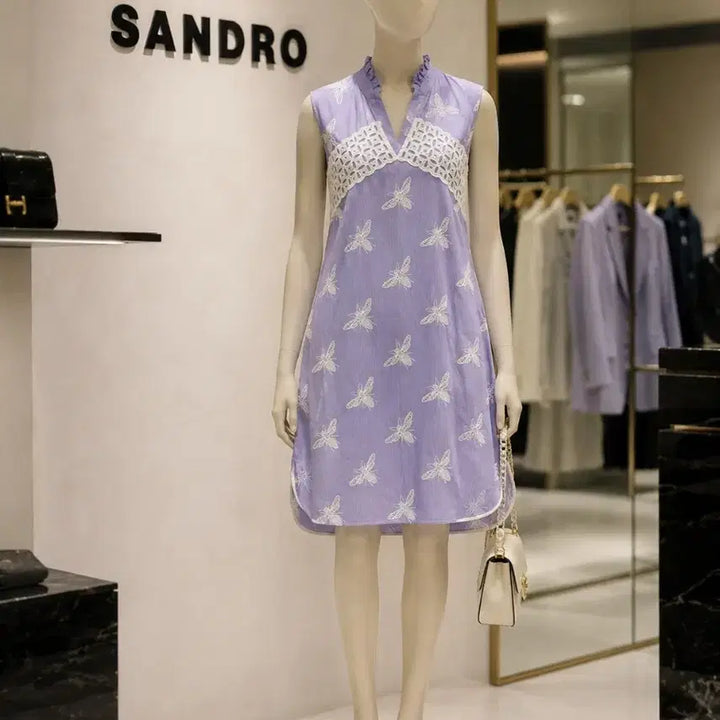 [BUNJANG] Sandro Purple Dragonfly Embroidered Sleeveless Dress / 산드로 정품 퍼플 잠자리 자수 민소매 원피스