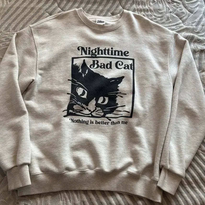 [BUNJANG] NOTHING IS BETTER THAN ME BAD CAT Sweatshirt Oatmeal / 낫띵이즈베럴댄미 BAD CAT 맨투맨 오트밀