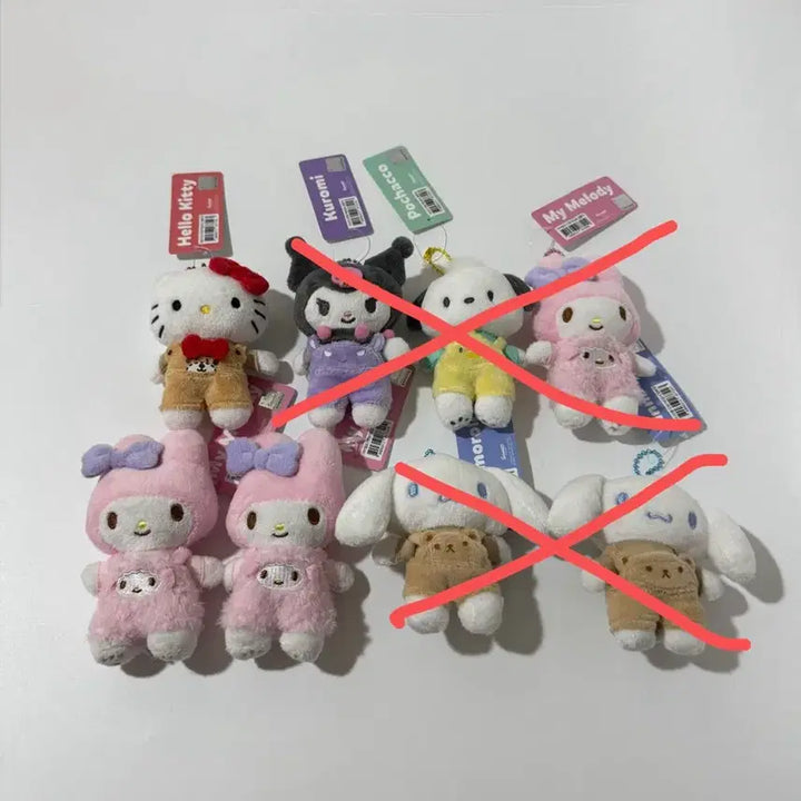 [BUNJANG] Sanrio Hello Kitty &amp; My Melody Overalls Plush Doll Keychain / 산리오 헬로키티,마멜 멜빵 인형 키링