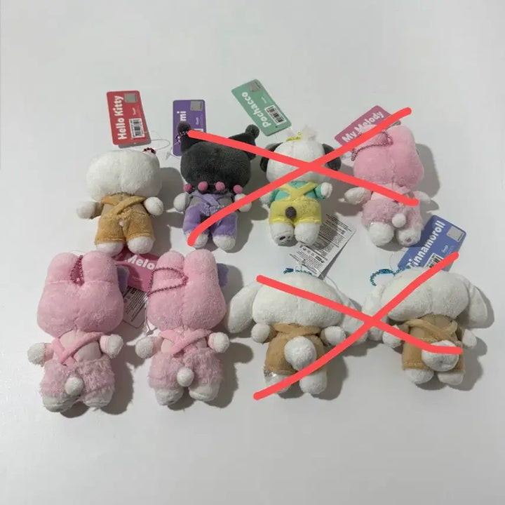 [BUNJANG] Sanrio Hello Kitty &amp; My Melody Overalls Plush Doll Keychain / 산리오 헬로키티,마멜 멜빵 인형 키링