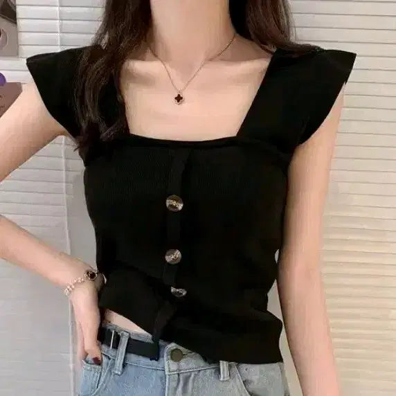 [BUNJANG] Square Neck Button Sleeveless Top - Black / (새상품)스퀘어넥 버튼 나시 블랙 민소매