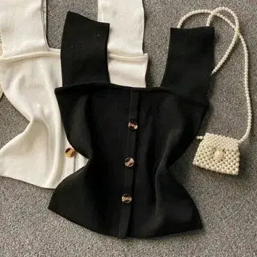 [BUNJANG] Square Neck Button Sleeveless Top - Black / (새상품)스퀘어넥 버튼 나시 블랙 민소매