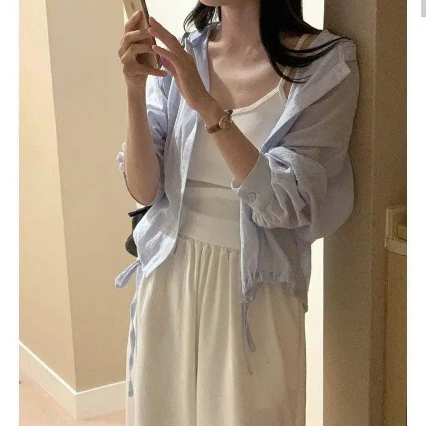[BUNJANG] Marriaround Hooded Summer Shirt - Light Blue / 메리어라운드 후드 여름 셔츠 소라
