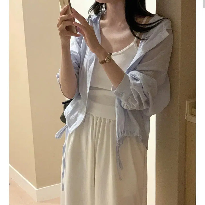 [BUNJANG] Marriaround Hooded Summer Shirt - Light Blue / 메리어라운드 후드 여름 셔츠 소라