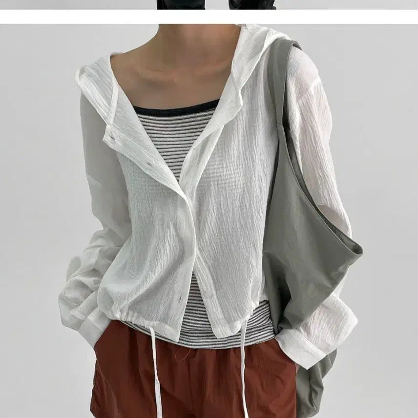 [BUNJANG] Black Up Hood Long Sleeve Shirt (White) / 블랙업 후드 긴팔셔츠 (화이트)