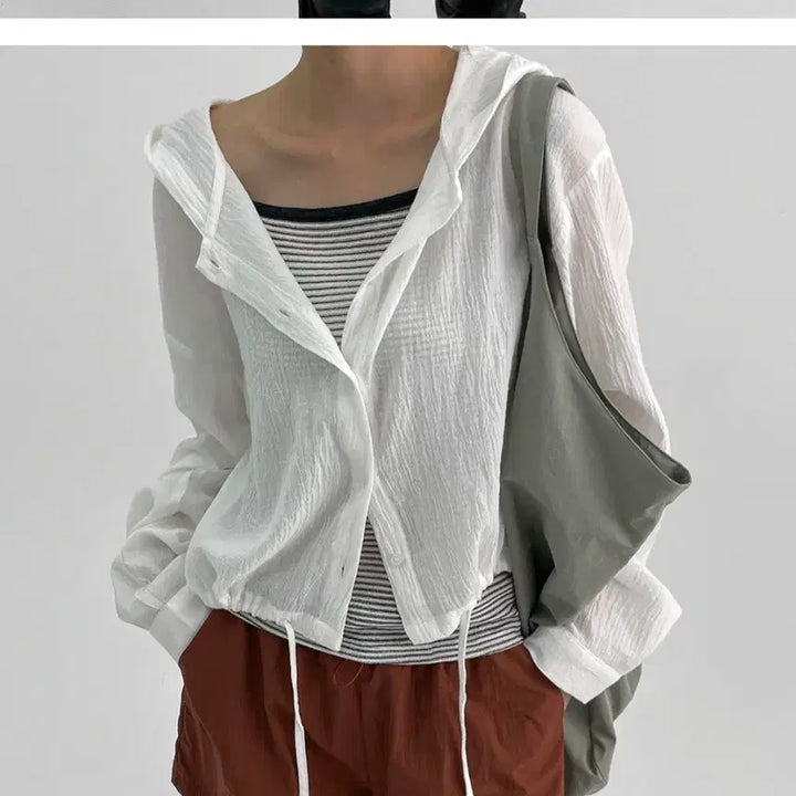 [BUNJANG] Black Up Hood Long Sleeve Shirt (White) / 블랙업 후드 긴팔셔츠 (화이트)