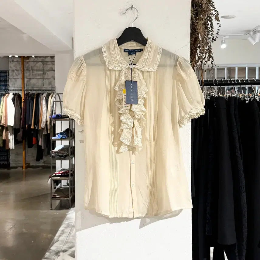 [BUNJANG] Ralph Lauren Ivory Silk Frill Half Blouse Size 6 / 랄프로렌 아이보리 실크 프릴 하프 블라우스